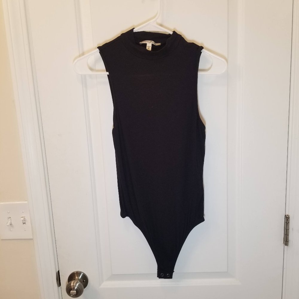 Express Ribbed Mock Neck Thong Bodysuit - BLACK